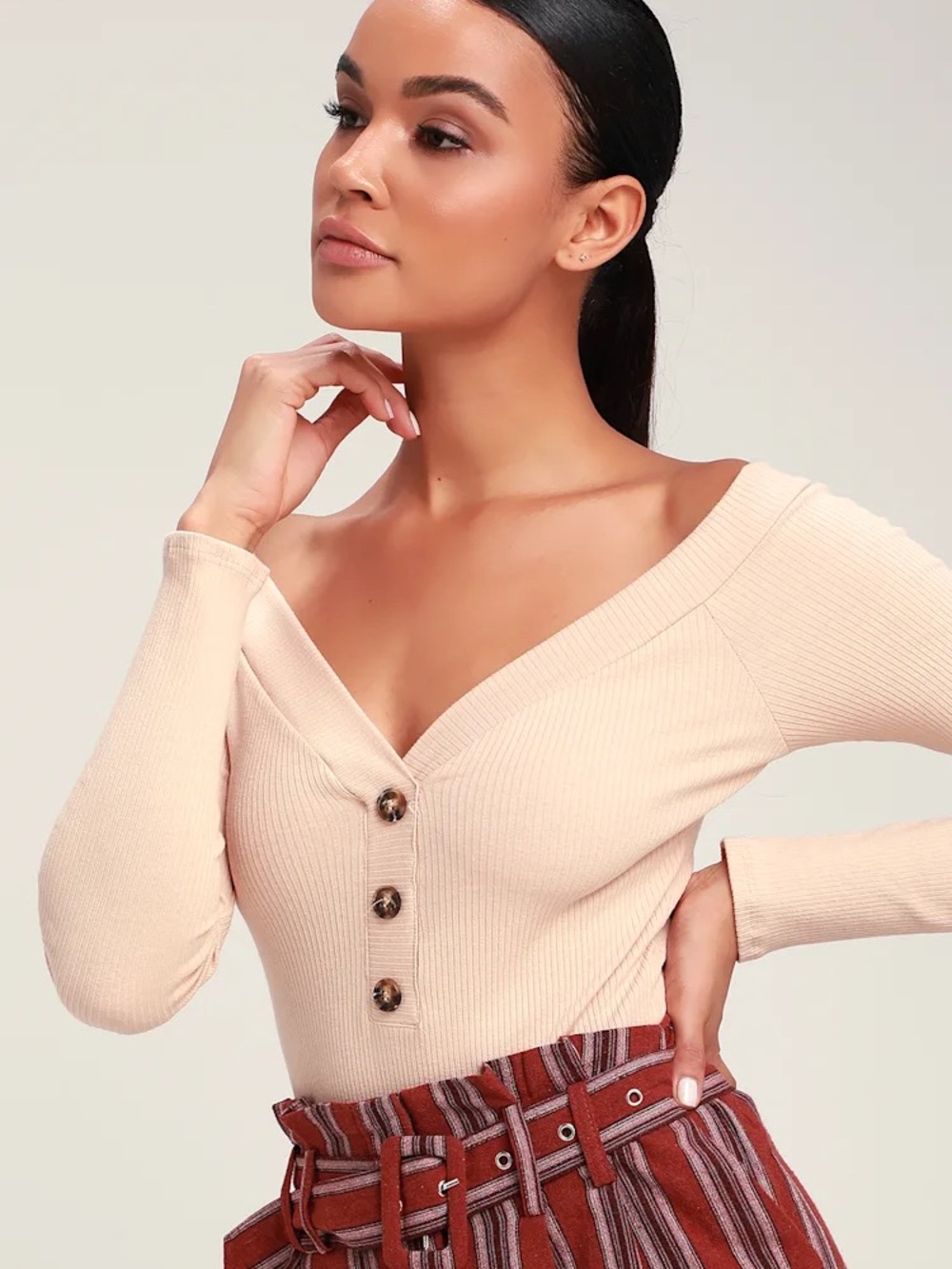 Lulu's Cream Ribbed Button-Front V-Neck Bodysuit | Size S